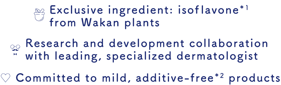 Exclusive ingredient:isof lavone*1 from Wakan plants/Research and development collaboration with leading, specialized dermatologist/Committed to mild, additive-free*2 products